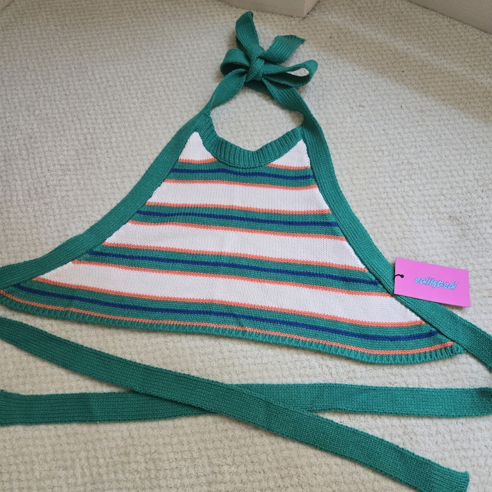 edikted Crochet Halter Top Green White Orange Stripe S/XS Crop NEW